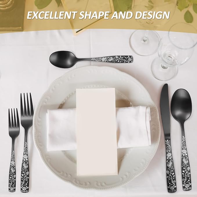 Matte Black Rose Flower Pattern Silverware Set
