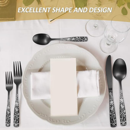 Matte Black Rose Flower Pattern Silverware Set
