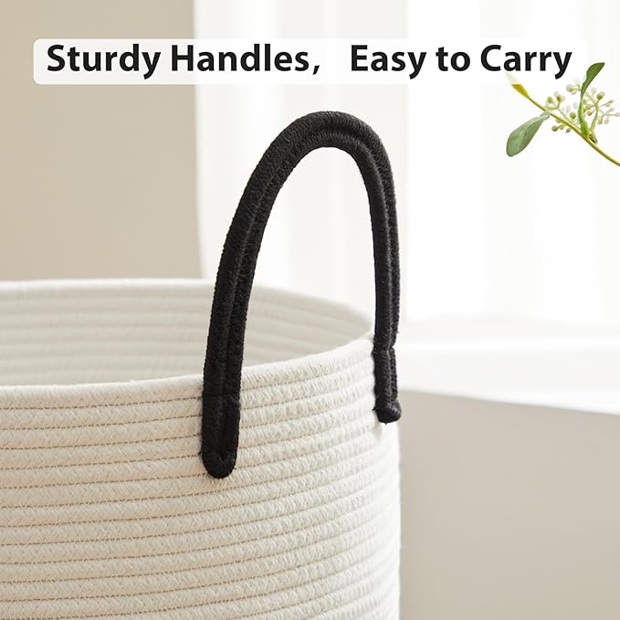 Fiona's magic Cotton Rope Laundry Hamper, Tall Woven Laundry Basket Storage, Baby Nursery Hamper for Blankets, Toys and Clothes Hamper for Bedroom and Living Room Organizing, 72L, Black & White