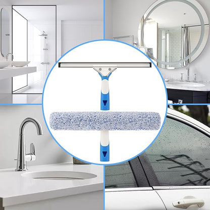 Professional Window Cleaning Kit 14IN, with Silicone Squeegee Blade, Microfiber Scrubber & Cloth, Windows Cleaning Tools, All-in-one Window Washing Supplies, Commercial & Household Use