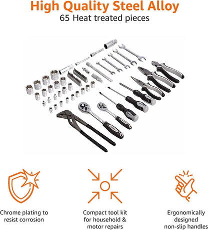 Amazon Basics 65-Piece General Household Home Repair and Mechanic's Hand Tool Kit Set, Black