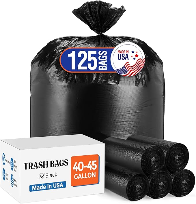 Delxo 40-45 Gallon Black Trash Bags, 125 Count – Heavy Duty Contractor Garbage Bags, Thick, Durable & Puncture-Resistant Plastic – Made in USA for Kitchen, Yard & Commercial Use