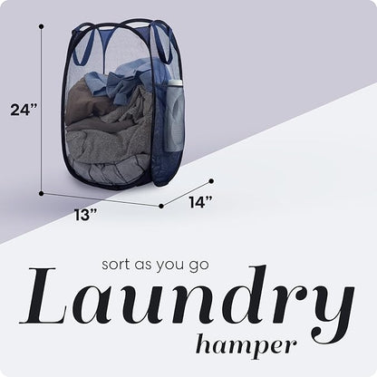 Handy Laundry Collapsible Mesh Pop Up Hamper with Wide Opening and Side Pocket - Breathable, Sturdy, Foldable, and Space-Saving Design for Clothes and Storage (Blue | 2-Pack)
