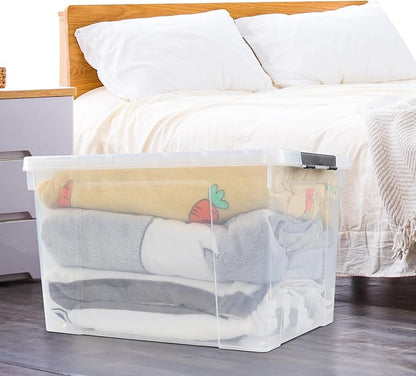 4-Pack 50 L Clear Plastic Storage Bin, Large Clear Latch Box with Wheels