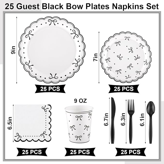 Natnarr 25 Set Black Bow Birthday Decorations Cute Bow Plates Napkins Set | 9"