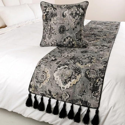 The HomeCentric Decorative Black & Grey Twin 53 x 18 inch Bed Runner Without Pillow Cover, Velvet Damask with Tassels Bed Scarf, Abstract Modern - Paved Damask