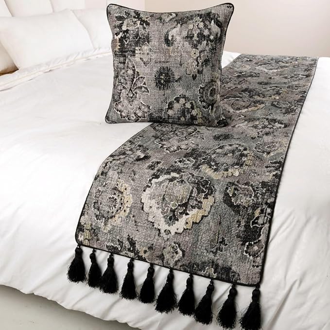The HomeCentric Designer Black & Grey King 90 x 18 inch Bed Runner with Pillow Cover Set, Velvet Damask with Tassels Bed Scarf, Abstract Modern - Paved Damask