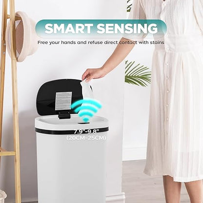 Automatic Motion Sensor Bathroom Trash Can with Lid, 13 Gallon Touchless Trash Bin, Smart Dog Proof Garbage Can, Touch Free Waste Basket for Toilet, Office, Bedroom,White
