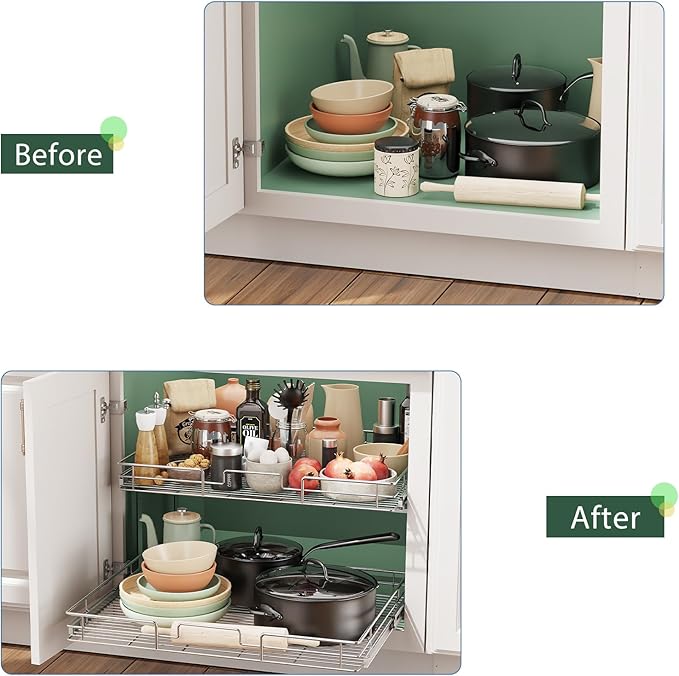 LOVMOR 2 Tier 28½"W x 21½"D, Individual Pull Organizer Kitchen Cabinet Storage Sliding Shelves