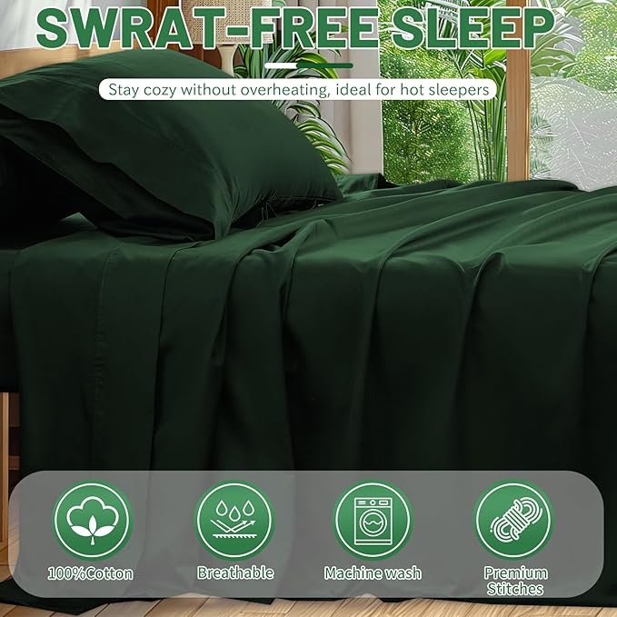 Extra Deep Pocket Queen Sheets 18-24 Inch 100% Egyptian Cotton 1000 Thread Count Sateen Weave Soft Breathable 4 Pieces（Queen,Forest Green）