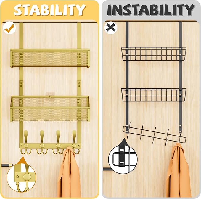 Over The Door Hooks Organizer, Coat Rack Over The Door Storage Hanger Towel Rack, Back of Storage Organizer for Bathroom,Bedroom,Kitchen,Office(Gold 3-Tier)