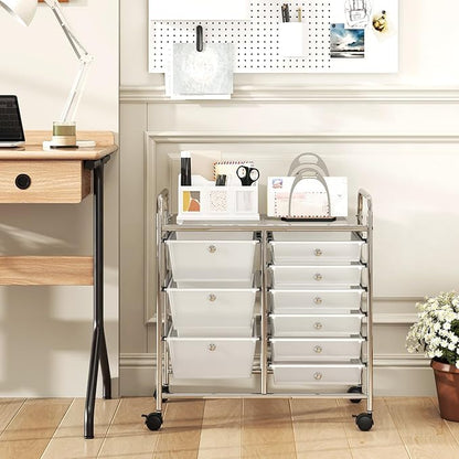 GOFLAME 9-Drawer Rolling Storage Cart, Mobile Utility Cart with Removable Drawers & Metal Frame, Art Craft Organizer Cart with Lockable Wheels, Storage Drawer Cart for Home Office, School, Clear