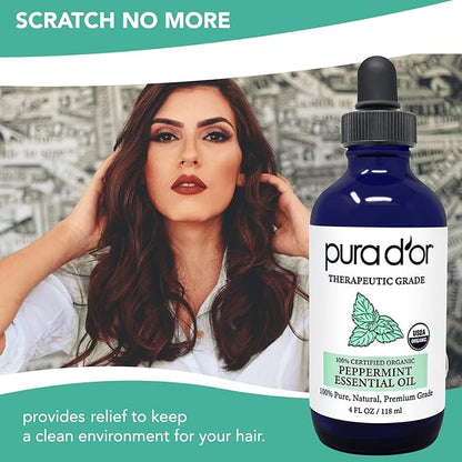 PURA D'OR Organic Peppermint Essential Oil (4oz with Glass Dropper) 100% Pure & Natural Therapeutic Grade - Hair, Body, Skin, Aromatherapy Diffuser, Massage, Refreshens, Energy, Mood, Home, DIY Soap