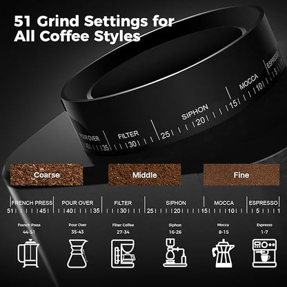 Burr Coffee Grinder, Electric Coffee Grinder with 51 Grind Settings, Precision Timer, Stainless Steel Espresso Grinder with Anti-Static Design, Easy Clean and 3 Modes