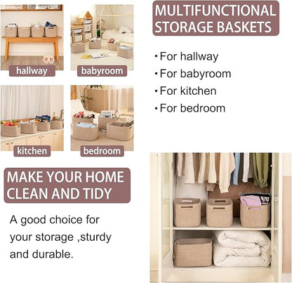 OIAHOMY 4 Pack Storage Baskets for Organizing, Cube Storage Bins for Shelves, Rectangle Storage Baskets With Handles, Woven Baskets for Storage, 12.7''Lx9''Wx7.8''H, Brown
