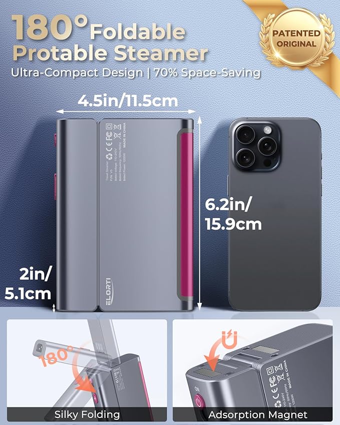 1200W Travel Steamer for Clothes Portable Mini, Dual Voltage, Small Foldable Clothes Steamer and Iron, Compact Garment steamer,15s Fast Heat-Up, Pluggable Cable, Worldwide Travel (110-220V)