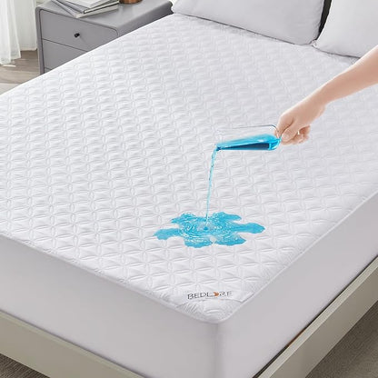 BEDLORE Waterproof Mattress Protector, Queen Size Noiseless Mattress Pad with Deep Pocket Fitted Up to 6-18 inches, Soft Noiseless Bed Mattress Cover Washable for Home, Bedroom, Hotel (White)