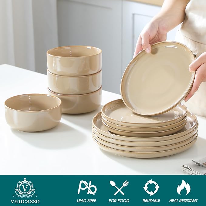 vancasso PLAYA Plates and Bowls Sets, 12 Pieces Brown Dinnerware Sets