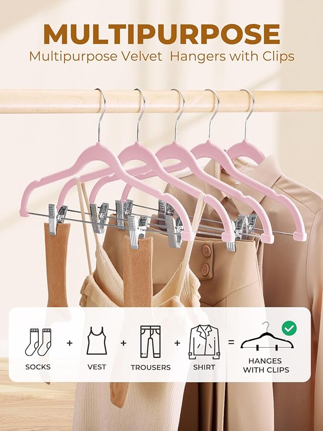 HOUSE DAY Velvet Skirt Hangers - Pink Velvet with Adjustable Clips, Space Saving, Slim, Heavy Duty and Non Slip for Pants, Skirts, Shorts - 24 Pack