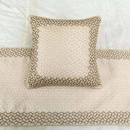 The HomeCentric King/Queen/Twin Ivory & Gold Designer CA King 86"x18" Bed Runner with 2 Pillow Cover, Mosaic & Beaded Bed Scarf on Jacquard Fabric - Tessellation