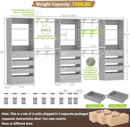 Aheaplus Closet System Set of 3, 138.5" Wood Closet Organizer System Tower with 12 Drawers & 4 Hanging Rods, 6.7+4.85Ft L Shaped Walk-in Closets Wardrobe Organizer Garment Rack with Shelves, Grey