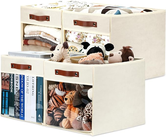 HNZIGE Fabirc Storage Cubes Bin 13x15x13 Clear Storage Cube, 4 Pack Foldable Cloth Cubby Storage Bins for Cube Organizer Closet Cabinet, Large Fabric Storage Bins for Shelves Organizer Bins- Cream