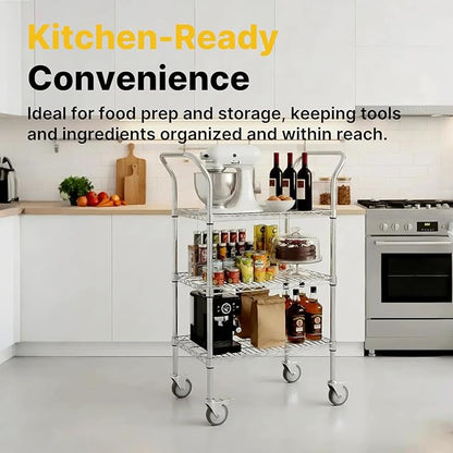 Northsky 3-Shelf Wire Utility Cart on Wheels, Chrome Finish Rolling Metal Shelving with Wheels, 550lb Capacity, 24" x 18" x 44.1", 3 Tier Rolling Cart for Kitchen Bar Storage Use