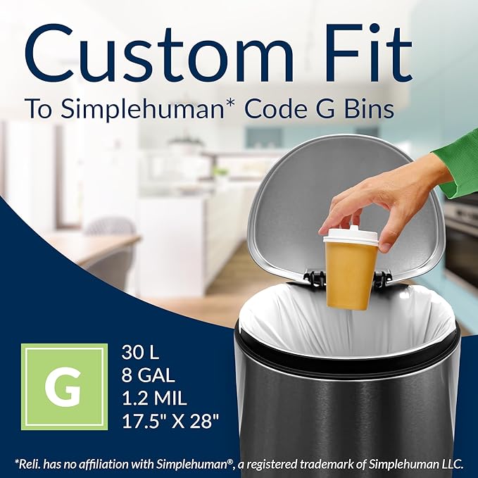 Reli. SuperFit Code G (120 Count) | Compatible with Simplehuman Code G | Dispenser Pack Custom Fit Liners | Drawstring Trash Bags | 30 Liter / 8 Gallon | White