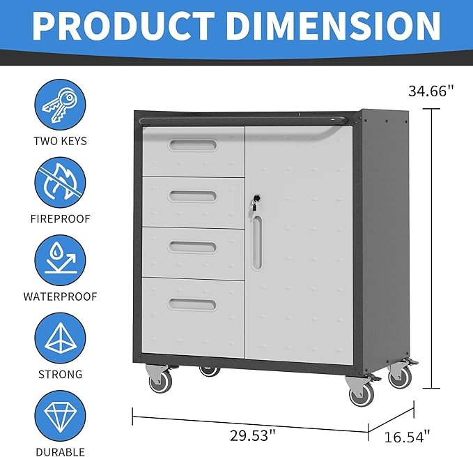 Metal Storage Cabinet with Wheels, Rolling Tool Cabinet with Adjustable Shelve, Locking Garage Storage Cabinet with 4 Drawer and 1 Door for Tools, Assembly Required (Black/Grey)