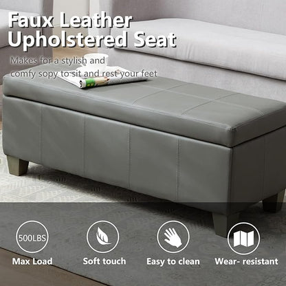 Grey Faux Leather Ottoman with Storage, Rectangular Extra Long Storage Bench for Bedroom and Living Room