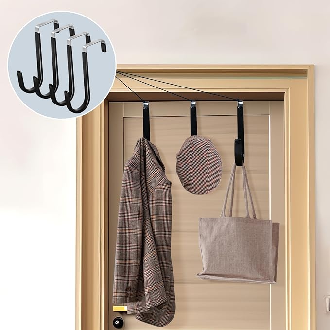 HOOSUN 4 Pack Over The Door Hooks,4.96In Hooks for Hanging Heavy Duty Door Hanger,Towel Hanger Hook Holders,Hangers Hook for Hanging Clothes,Towels,Hats,Coats,Bags (Black)