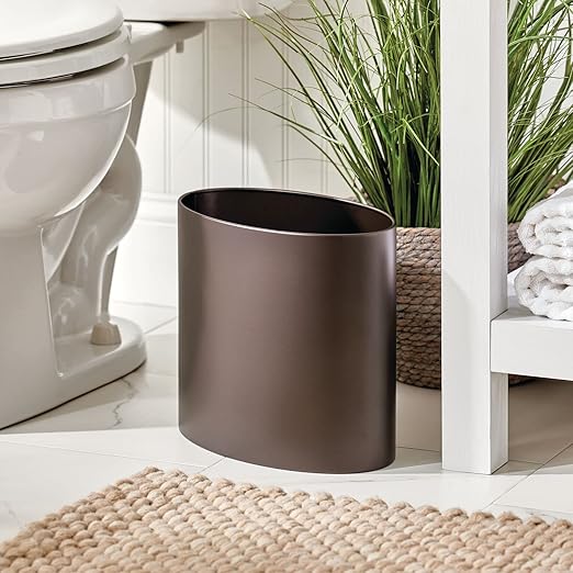 mDesign Stainless Steel Metal Oval Trash Can, 7.9 Liter/2.09 Gallon Wastebasket, Garbage Basket Bin for Bathroom, Bedroom, Kitchen, Home Office, Holds Waste and Recycle, Mirri Collection, Bronze