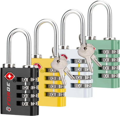Forge Dual-Opening: Key or Combination Access Lock, TSA Approved Locks for Luggage, Pelican case, Travel, Gym, School, Stainless Steel Shackle. (Multi Color, 4 Pk)