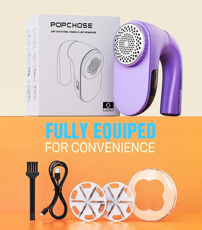 POPCHOSE Fabric Shaver, Lint Remover for Clothes, Lint Shaver with 6-Leaf Blades, 2 Speed Sweater Shavers to Remove Pilling for Clothing, Couch, Furniture, Fuzz, USB Rechargeble, Purple