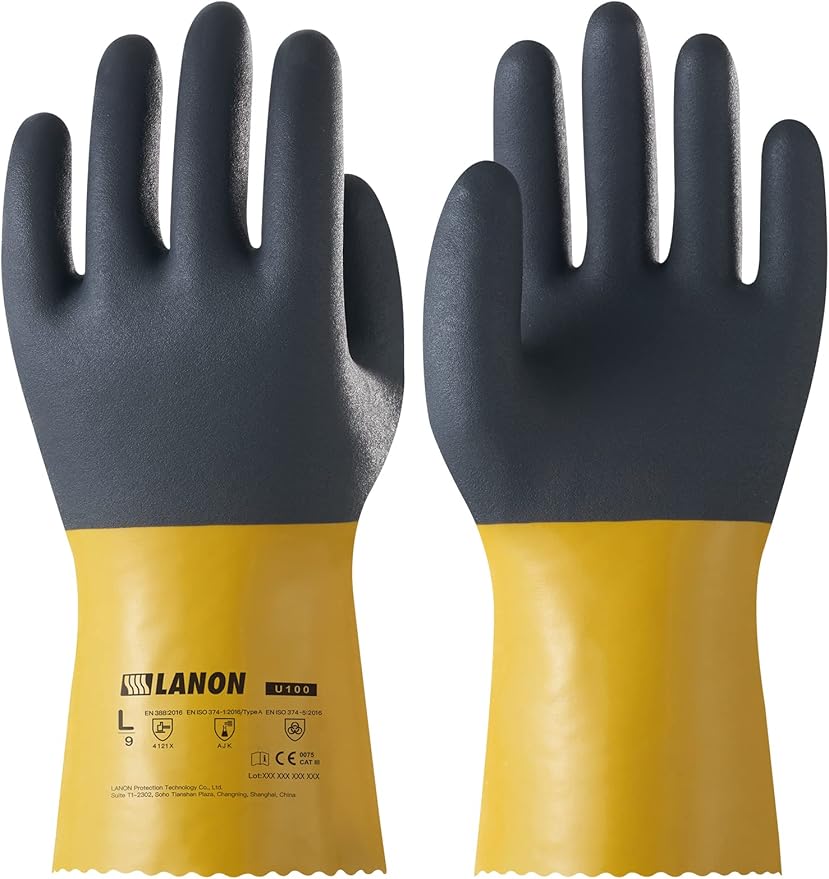 LANON 3 Pairs PVC Chemical Gloves, Thick Rubber Work Gloves, Heavy-Duty, EN 374/388, Acid, Alkali and Oil, Non-Slip, XL