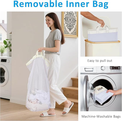 efluky Laundry Basket with Lid and Removable Bag, 100L Tall Laundry Hamper with Bamboo Handles, Aesthetic Dirty Clothes Bin for Laundry Room, Bathroom, Bedroom and Dorm, Beige