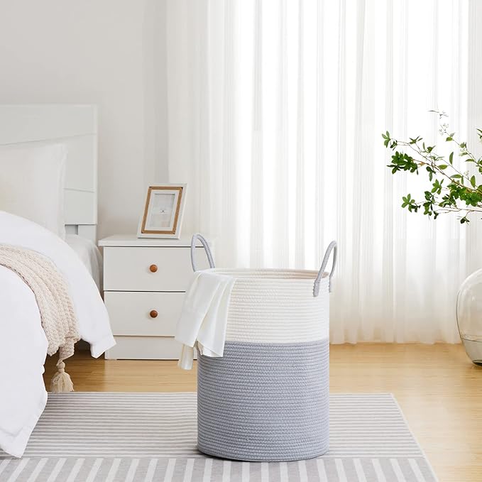 VIPOSCO Large Laundry Hamper, Tall Woven Rope Storage Basket for Blanket, Toys, Dirty Clothes in Living Room, Bathroom, Bedroom - 58L Grey & White
