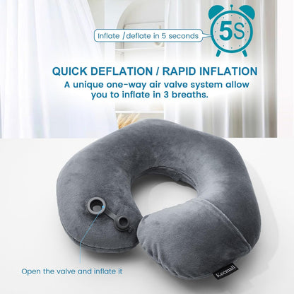 Inflatable Travel Neck Pillow, Super Soft Plane Neck Support Pillow for Travel Ariplane Sleep Support, Adjustable Neck Cushion Headrest Pillow, Folds Up Nicely, Black Grey