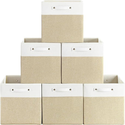 13 x 13 Inch Fine Linen Storage Bins with Handles，Fabric Cube Boxs，Collapsible Basket Organizers for Shelves for Home, Closet Drawers (White/Khaki-6 Pack)