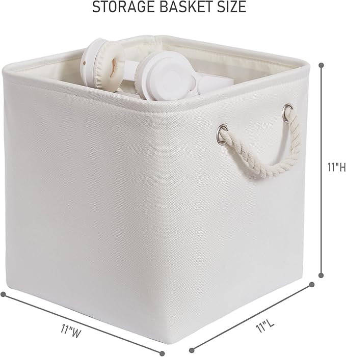 11 x 11 Inch Storage Cubes, 6 Pack Large Collapsible Fabric Storage Bin with Ropes, Foldable Storage Cubes for Home, Office,Closet, Clothes, Toys Organizer (White)