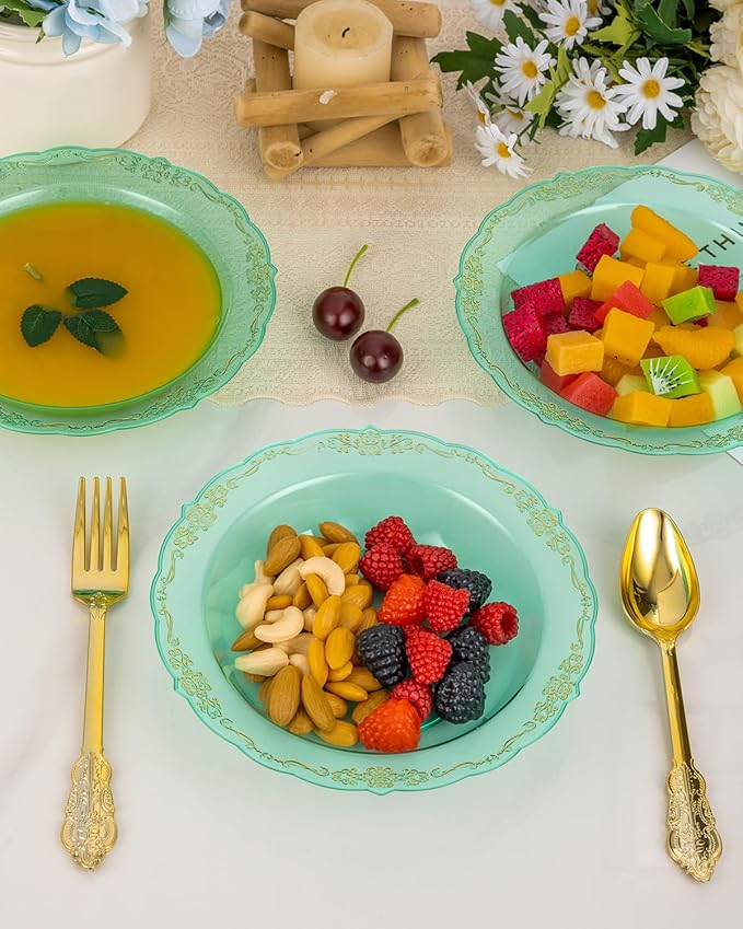 100 Pack Clear Green Plastic Bowls with Gold Rim, 12oz Plastic Salad Bowl, Disposable Bowls for Party, Dinners, Weddings, Christmas, Thanksgiving
