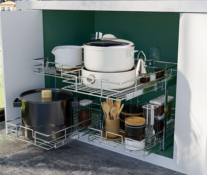 LOVMOR 2 Tier Individual Pull Out Cabinet Organizer 12½" W x 21½" D, Slide Out Kitchen Cabinet Storage Sliding Shelves