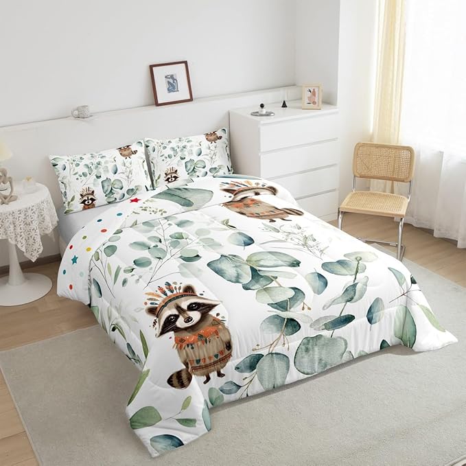Erosebridal Cute Raccoon Twin Size Comforter Set for Kids Child Green Eucalyptus Bedding Set, Woodland Animal Down Comforter Botanical Plant Leaves Bed Set, Cartoon Wildlife Quilted Duvet