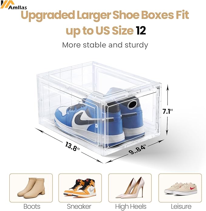 12 Pack Clear Shoe Boxes Stackable,Shoe Storage Boxes for Closet,Sturdy Shoe Box Storage Containers with Clear Door,Sneaker Storage,Easy to Assemble,Fit up to US Size 12(13.8”x 9.84”x 7.1”)