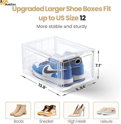 12 Pack Clear Shoe Boxes Stackable,Shoe Storage Boxes for Closet,Sturdy Shoe Box Storage Containers with Clear Door,Sneaker Storage,Easy to Assemble,Fit up to US Size 12(13.8”x 9.84”x 7.1”)