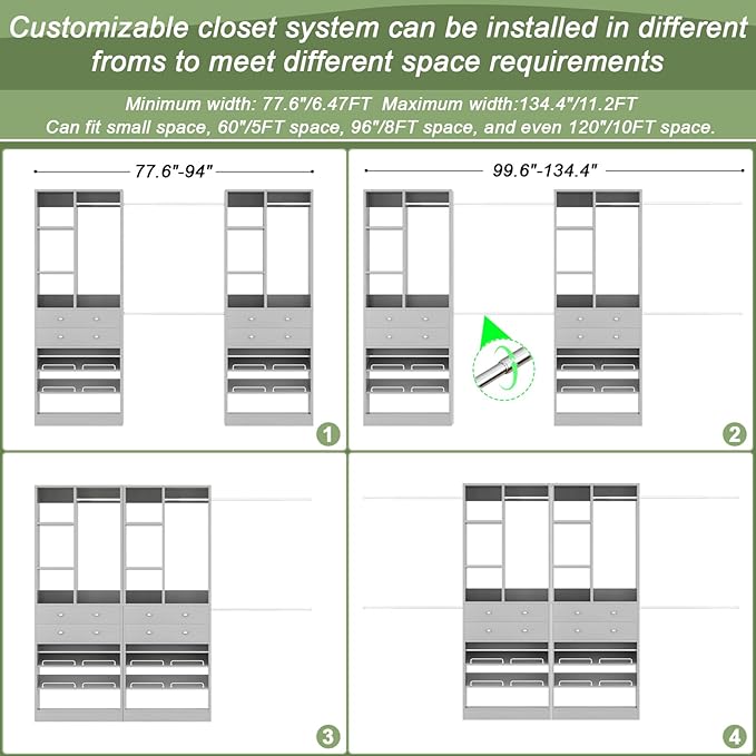 Closet System, Up to 134"/11.2 FT Closet Organizer with 4 Wooden Drawers and Shelves, Walk-in Closet System with 6 Hanging Rods, Built-in Closet Can Fit 96"/8FT, 120"/10FT, Morandi Grey