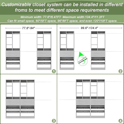 Closet System, Up to 134"/11.2 FT Closet Organizer with 4 Wooden Drawers and Shelves, Walk-in Closet System with 6 Hanging Rods, Built-in Closet Can Fit 96"/8FT, 120"/10FT, Morandi Grey