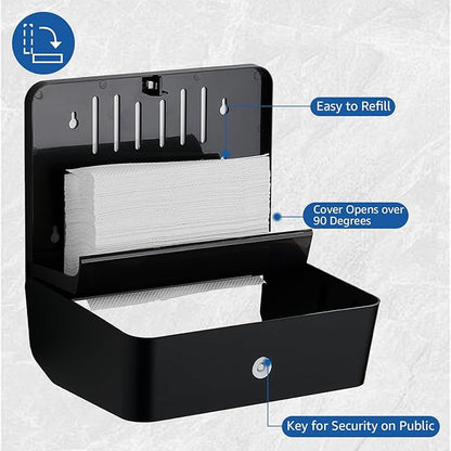 Paper Towel Dispenser Wall Mounted, Multifold Hand Towel Dispenser for Kitchen Bathroom Home Business, Trifold/C Fold/Z Fold Paper Towel Holder with Lock, Universal Paper, Black