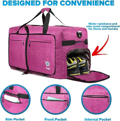 Bago Large Foldable Duffel Bags for Traveling Women & Men - 120L Packable Duffle Bag for Travel with Shoe Compartment - Water Repellant, Heavy Duty, Lightweight Folding & Collapsible (SnowPink)