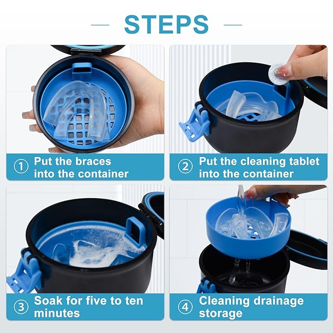 BVN Leak-Proof Denture Bath Cup for Travel, Denture Cup for Soak Dentures, Retainer Cleaning Case with Strainer (Black + Blue)